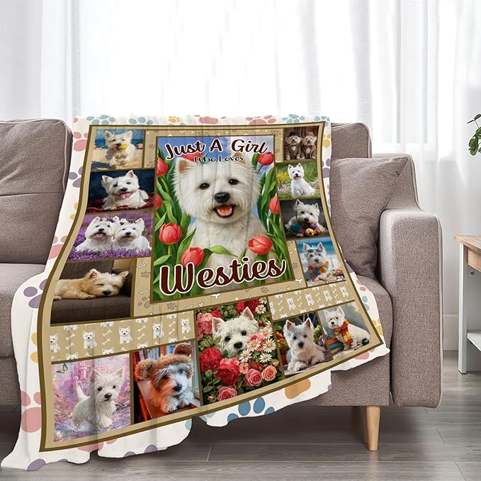 West Highland White Terrier Fleece Blanket Cute Westies Dog Throw Blankets for Girls Boys Super Soft Warm Flannel Animal Throws Gifts for Men Women Cozy Fuzzy Plush Stuffed Couch Bed Decor 50"X40"
