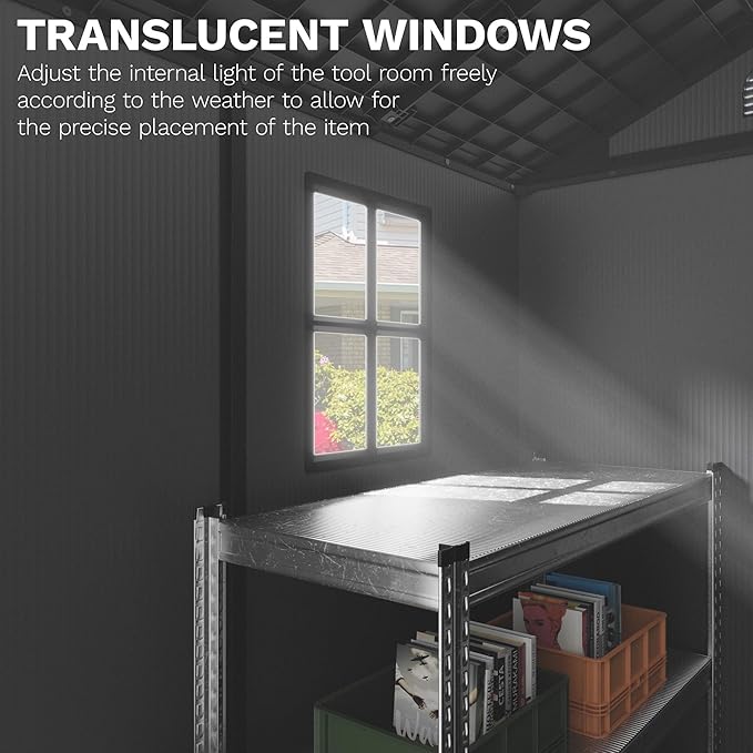 Devoko 4x6 FT Outdoor Storage Plastic Shed, Waterproof Resin Garden Shed with Lockable Door, Floor & Window, All-Weather Tool Shed for Backyard, Patio, Lawn, Poolside, Dark Gray