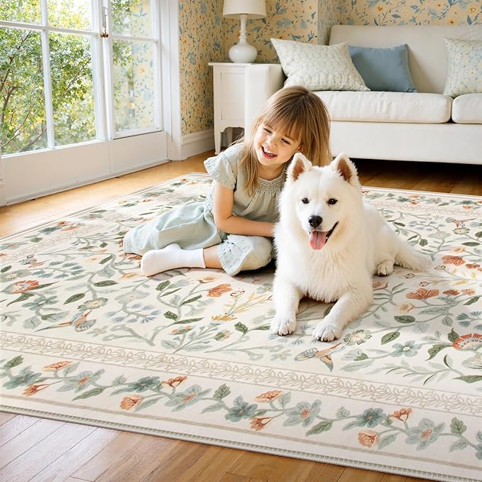 Lahome Floral Area Rug 5x7, Washable Soft Kids Room Nursery Rug Non Slip Ultra-Thin Carpet for Bedroom, Vintage Botanical Print Carpet for Playroom Classroom Living Room, Beige