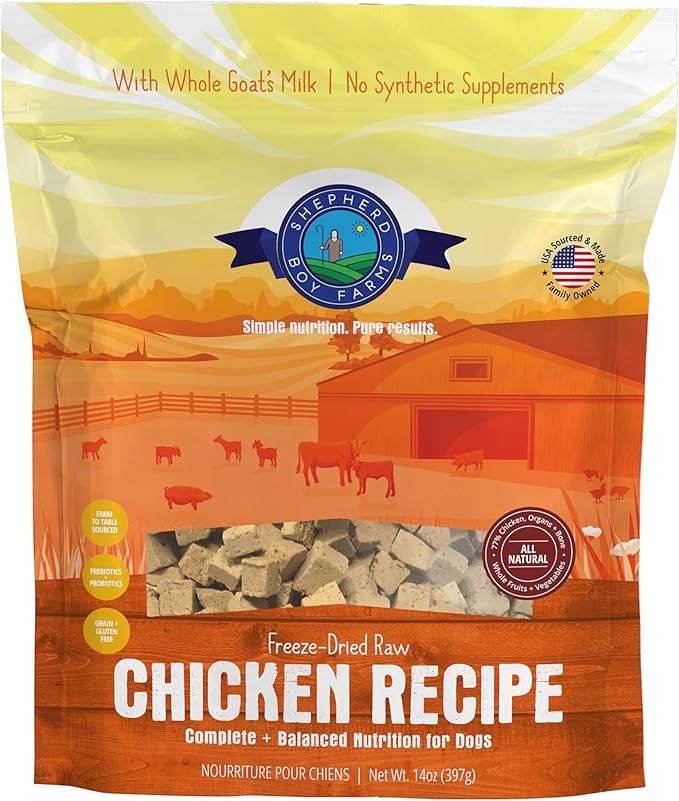 Shepherd Boy Farms Freeze Dried Raw Dog Food, Chicken Recipe, All Natural, No Synthetics, Made in USA with Goat's Milk & Organic Produce, High Protein, Complete Meal (14oz)