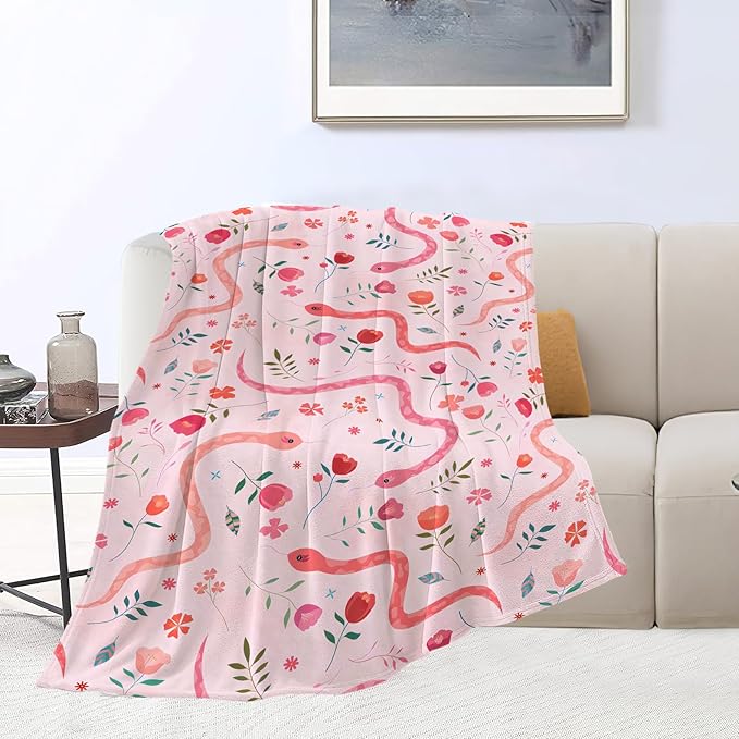 Cute Snake Reptile Blanket Ultra Soft Cozy Pink Flower Snake Throw Blanket Fleece Fuzzy Plush Bedding Blanket Real Snake Lovers Gifts for Women Girls Kids Adults Couch Sofa 80"x60"