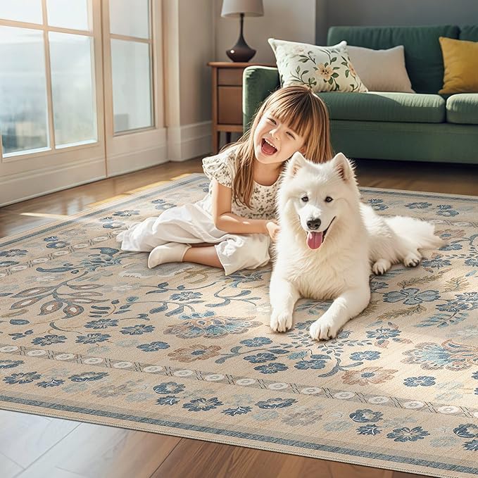 5x8 Area Rug Living Room Rugs - Washable Boho Vintage Floral Large Soft Non Slip Thin Rug Low Pile Carpet for Bedroom Dining Room Kids Playroom Office Decor Indoor- Multi Color