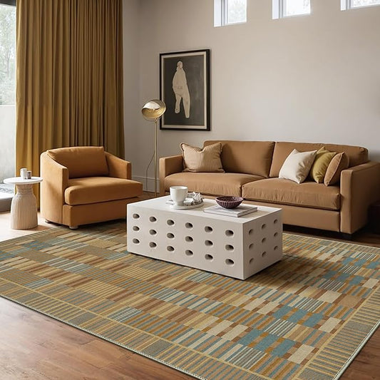 GENIMO Machine Washable 5x7 Area Rugs for Living Room, Non Slip Vintage Rugs, Low Pile Lightweight Chenille Print Rug for Bedroom, Dining Room, Home Office, Brown Clay