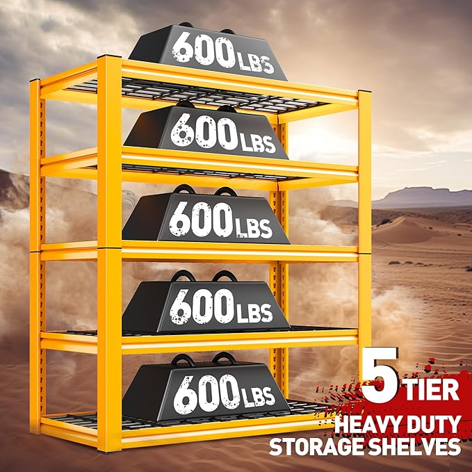 REIBII Garage Shelving Load 3000LBS, 5-Tier Storage Shelves, Adjustable Heavy Duty Metal Shelving Unit for Pantry, Basement, Warehouse, 72" H x 36" W x 16" D, 2PC