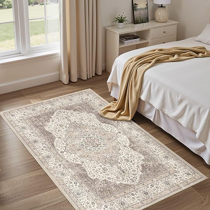 3x5 Washable Entryway Rug: Non-Slip Soft Indoor Throw Area Rug for Living Room Bedroom Kitchen, Boho Floral Distressed Durable Carpet for Hallway Bathroom Laundry Home Decor (Brown/Beige)