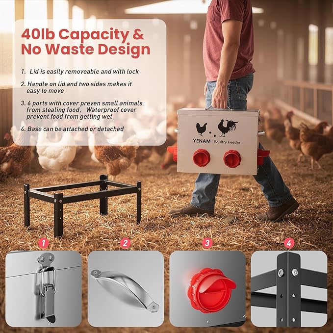 40 lb Automatic Chicken Feeder No Waste, 6 Feeding Port Large Metal Chicken Feeders, Poultry Feeder with Adjustable Height Base & Locking Lid, Rat Proof Chick Feeder for Chickens, Ducks & Geese