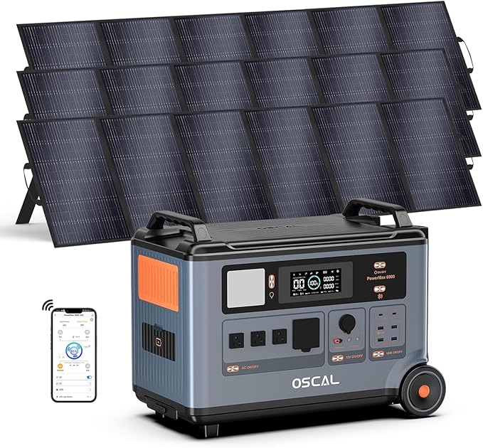 OSCAL PowerMax 6000 Solar Generator with 3x500W Solar Panel, 120V/240V Split Phase Voltage 6000W AC Outlets (9000W Peak), 2200W AC Charging/2400W PV Charging for Home, Emergency, Bank Battery Backup