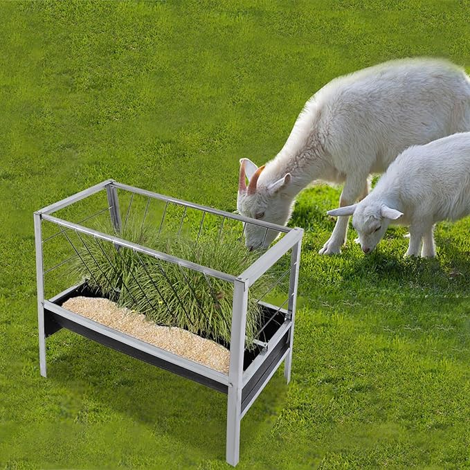 2-in-1 Livestock Feed Trough, Large Capacity Dual-Sided Feeder Galvanized Livestock Rack with Hay & Grain Trough for Sheep Calf Cow Horse