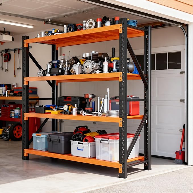 4-Tier Storage Shelves,79" H Heavy-Duty Garage Shelving Unit,Adjustable Metal Industrial Shelf System,4,000lbs Capacity,Tool Organizer for Garage,Workshop,60" W x 20" D x 79" H,Black&Orange