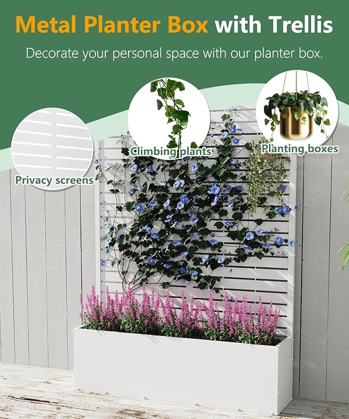 2PCS Metal Planter Box with Trellis,70.9"x47.2"x15.7" Raised Garden Bed with Drainage Holes, Privacy Planters for Outdoor Garden Bed for Climbing Plants,Vegetables,and Vines, White-louvered