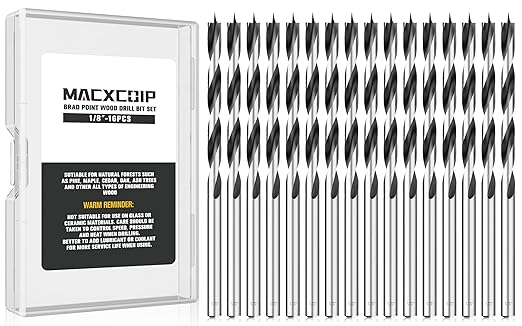 1/8“ Brad Point Wood Drill Bit Set, 16Pcs Drill Bit Set with Double Flutes Design for Carpenter Woodworking and All Types of Wood
