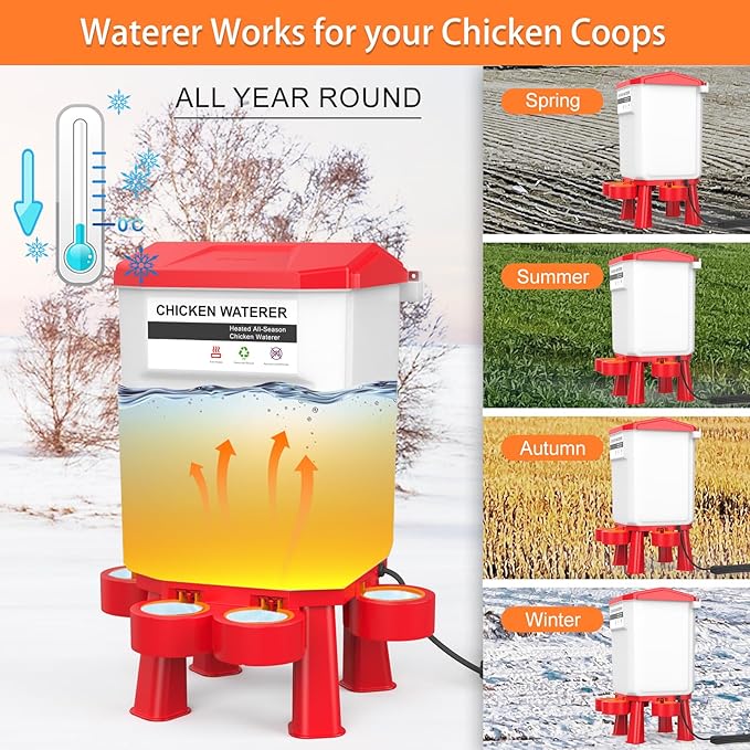 Heated Chicken Waterer, Plastic Chicken Water Heater, Anti-Freeze Heated Poultry Drinker with 4 Cups, Winter and Summer Dual-use, Poultry Water Heater for Chickens, Ducks, Geese - Red 7L