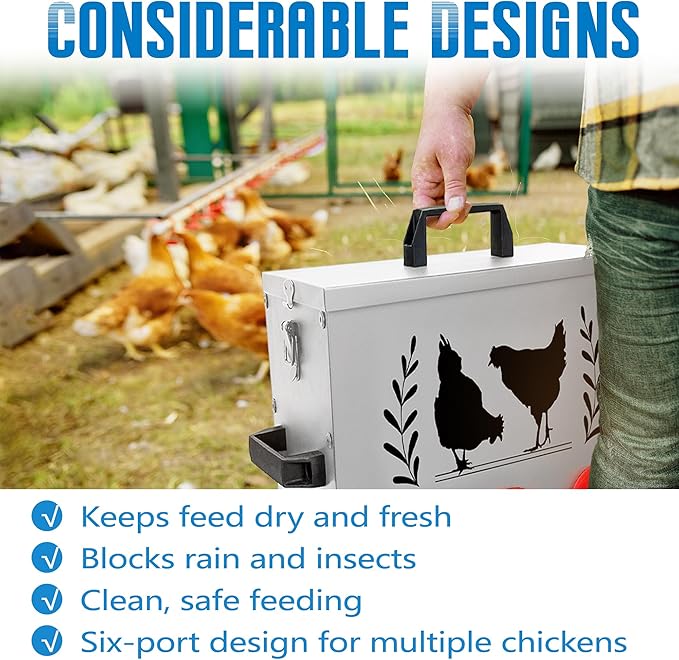 Chicken Feeders, 50 lb Capacity 8 Port Automatic Chicken Feeder, Metal Chick Feeders with Locking Lid and Legs, Chicken Feeder for Chickens, Ducks, Geese，Silver