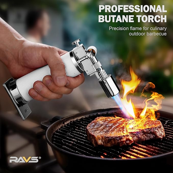 RAVS Butane Torch Lighter Refillable, White Kitchen Torch with Adjustable Flame, Creme Brulee Torch for Baking, Welding, Christmas Stocking Stuffers Gifts for Women, Cooking Torch Butane Not Included