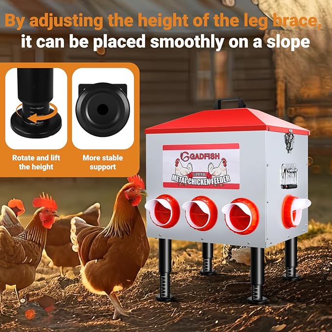 GADFISH 55LBS Large Capacity Automatic Chicken Feeder - 8 Feeding Ports, Anti-Waste Design, Height-Adjustable Legs & Secure Locking Lid for Chickens, Ducks & Poultry