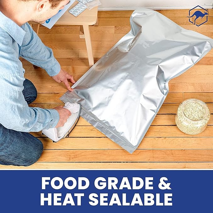 Wallaby 15 Count 5-Gallon Mylar Bags with 2500cc Oxygen Absorbers, 10 Mil Total Thickness Long-Term Food Storage Pouches, 20x30 Resealable Zipper Heat-Sealable Airtight Packaging - Silver