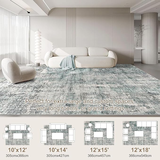 10x12 Area Rug Living Room Rugs - Washable Neutral Modern Abstract Soft Thin Large Rug Indoor Floor No Slip Rug Carpet for Bedroom Under Dining Table Home Office Decor - Green/Grey