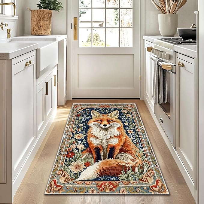 3x5 Fox Area Rugs Boho Floral Flower Rug for Bathroom Kitchen Entryway Indoor Soft Non-Slip Thin Hippie Carpet Small Doormat for Office Dining Room Under Table Washable Machine