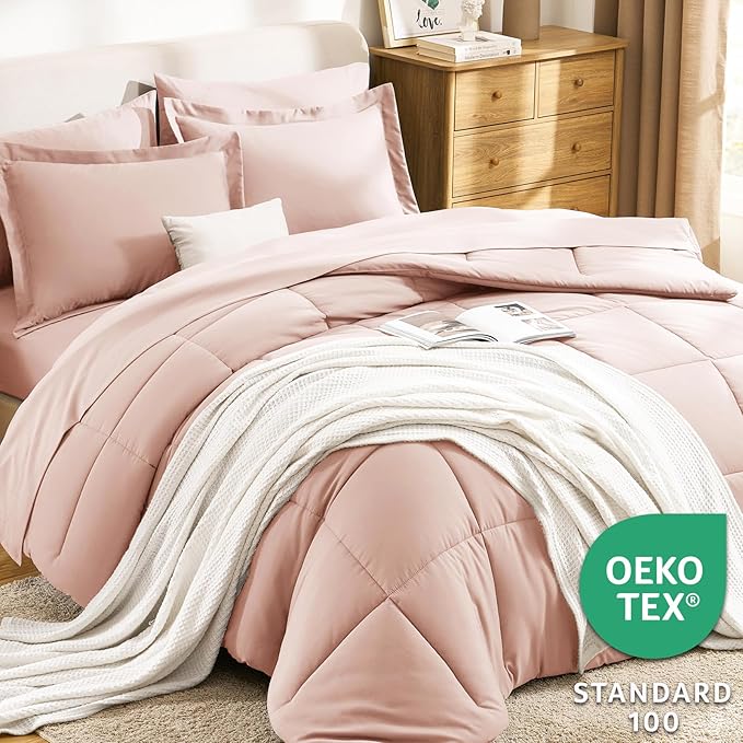 CozyLux King Size Comforter Set Blush Pink - 7 Pieces Bed in a Bag King, Okeo-Tex Certifited Bedding Set, All Season Soft Bed Set with Down Alternative Comforter, Sheets, Pillowcases & Pillow Shams
