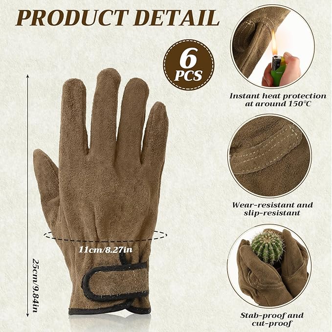 6 Pack XL Leather Work Gloves, Welding Cowhide Stretchable, Coffee Gardening Adjustable Wrist Gloves With Puncture and Cut Resistant for Men Women