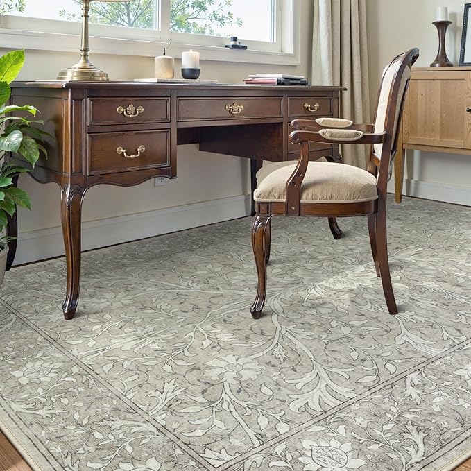 Collive 8x10 Area Rugs for Living Room, Washable Neutral Hand-Painted Floral Bedroom Rug, Vintage Distressed Non Slip Low Pile Large Carpet, Soft Retro Dining Room Office Rug, Taupe