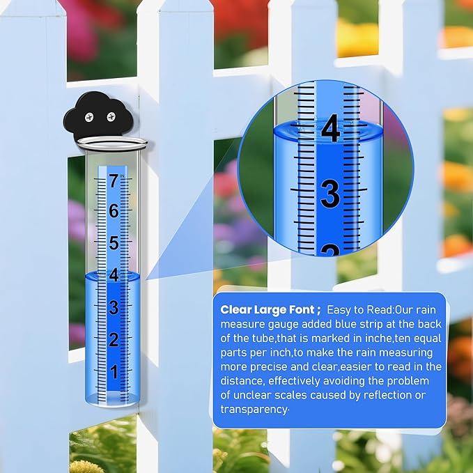 Rain Gauge Outdoor, Rain Gauge Replacement Tube with Stainless Steel Mounting Rack Holder, 7" Clear Large Numbers Rain Gauge Measuring Tool for Garden Yard Lawn Patio Yard Fence and Farm Use (Cloud)
