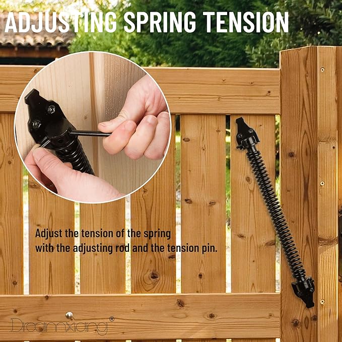 14" Gate Spring Self Closing Heavy Duty Outdoor Door Spring Automatic Fence Gate Closure Hardware Spring Loaded Gate Latch with Adjustable Tool for Wooden and Vinyl Fence, Black (2 Pack)