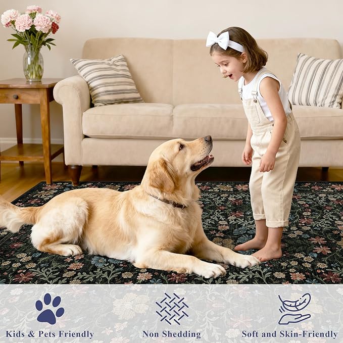 DUKINO 5x7 Area Rugs, Floral Washable Rugs for Bedroom with Non Slip Backing, Vintage Low Pile Indoor Floor Carpets for Bedroom, Living Room, Farmhouse, Home Office, Dining Room, Dark Blue
