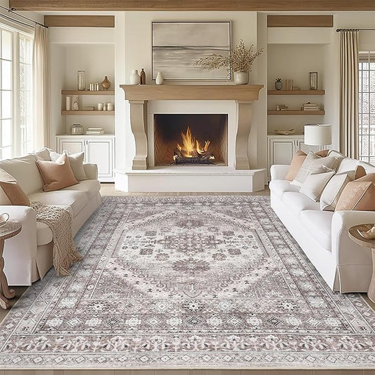 zesthome 9x12 Area Rugs,Stain Resistant Washable Rug,Ultra-Thin Rugs for Living Room,Bedroom,Non-Slip Backing Home Decor Large Area Rug (Brown/Beige,9'x12')