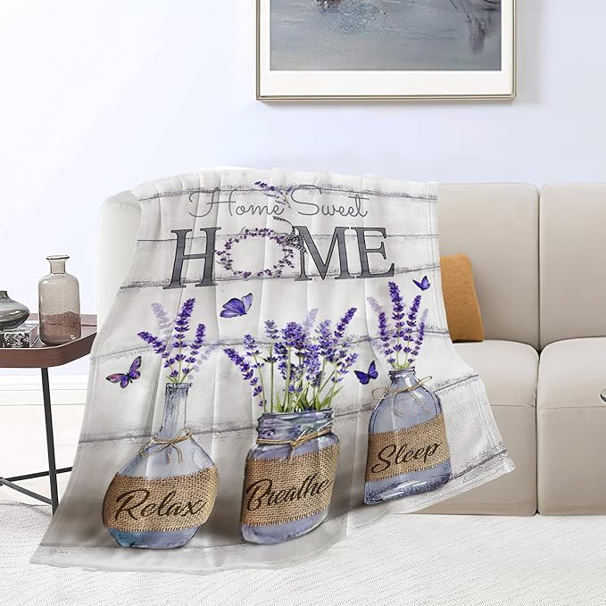Farmhouse Floral Blanket for Women Girls Ultra Soft Cozy Lavender Flower Throw Blanket Fleece Fuzzy Plush Bedding Blanket Purple Flower Gifts for Women Girls Kids Adults Couch Sofa 80"x60"