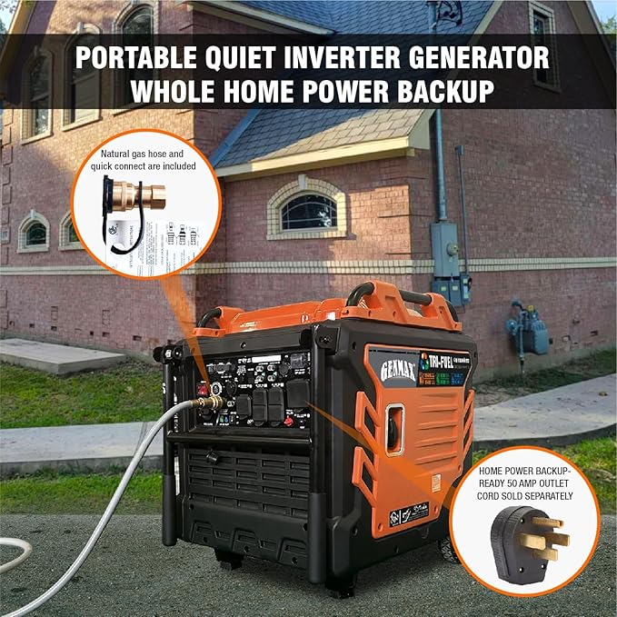 GENMAX Tri Fuel Generator,10500-Watt 458cc Tri Fuel Gasoline Propane Natural Gas Portable 50A Generator with Remote Start,Ideal for Home backup power.