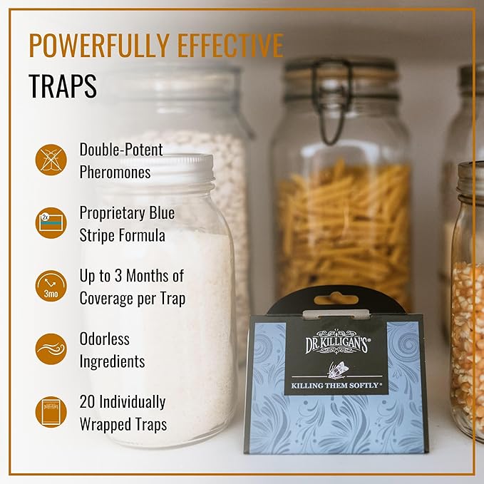 Dr. Killigan's Premium Double Potent Pantry Moth Traps with Pheromones Prime, Sticky Indian Meal Moth Traps for House, How to Get Rid of Moths in House (20 Pack, Blue)