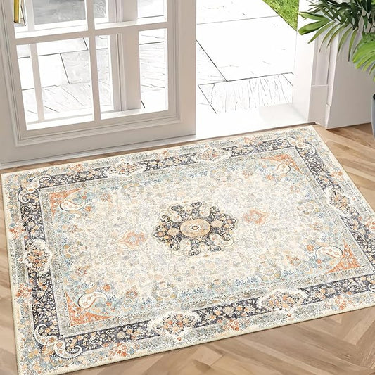 Small Rugs 2x3,Vintage Rug for Entryway Bathroom Bedroom Kitchen Entrance Doormat,Boho Bohemian Distressed Washable Accent Floor Throw Carpet Non Slip,Retro Blue Grey Floral