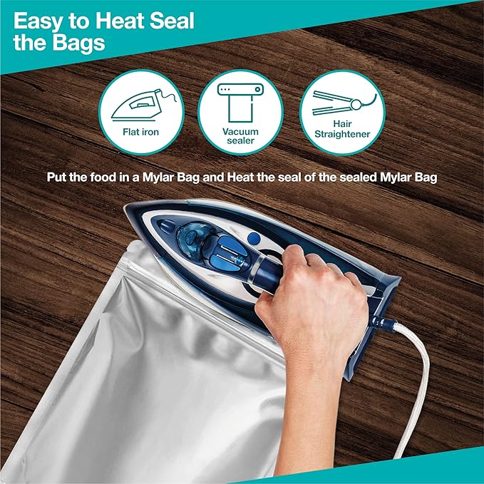 BELLE KR® 50 Pcs 1 Gallon Mylar Bags with Oxygen Absorbers (500cc) - 9.5 mil - Gusseted Mylar Bags 1 Gallon Resealable & Heat Sealable for Long Term Food Storage - Labels Included