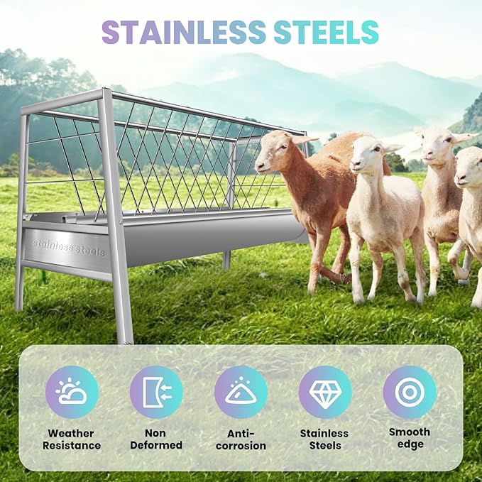 5 Ft Long Goat Hay Feeder, 88 Gallon Feeding Tray for Livestock Feeder, 2 in 1 Hay Feeder for Goats, Feeding Goats, Sheep and Ponies, for Farms, Sheep Sheds (Stainless Steel)
