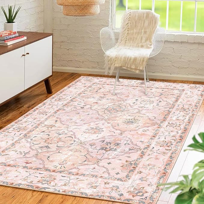 Boho Vintage Area Rugs 3×5 Washable Non-Slip Traditional Pink Area Rug for Nursery Living Room Bedroom Dining Room Girls' Room