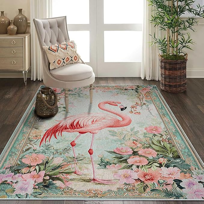 8x10 Flamingo Area Rugs Boho Floral Tropical Botanical Rug for Living Room Indoor Soft Non-Slip Thin Large Carpet Flower Rugs for Bedroom Home Decor Under Table Washable Machine