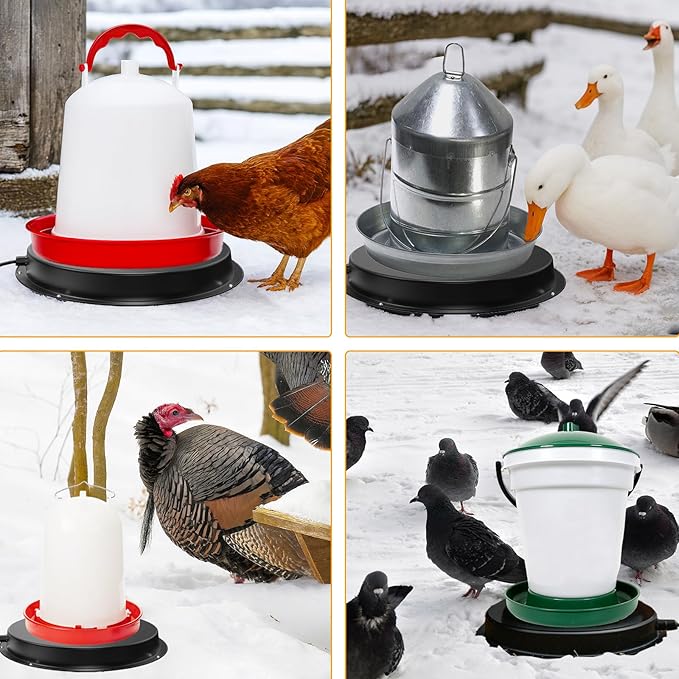 11'' Chicken Water Heater for Winter, Heated Waterer Base for Metal Plastic Poultry Waterer Under 5 Gallon, Built-in Thermostat (77℉ Auto Shut-Off), 110W Coop Heater with 6.6ft Power Cord
