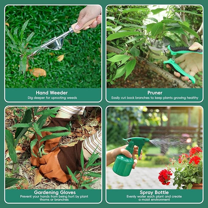9-Piece Garden Tool Set, Heavy Duty Gardening Hand Tools with Wood Handle, Including Garden Tote, Gloves, Durable Stainless Steel Garden Tools, Gardening Gifts for Women, Mom, Men