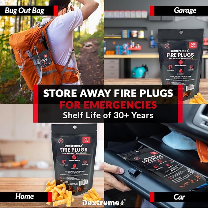 Dextreme Fire Plugs Waterproof Fire Starter for Campfires, Emergencies, Survival, Fire Pits, Grills | 5+ Minute Burn | All Natural | Made in North America