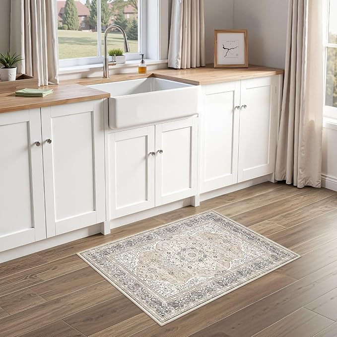 2x3 Washable Entryway Rug: Non-Slip Soft Indoor Throw Small Vintage Floral Area Rug for Kitchen Bedroom, Low Pile Durable Carpet for Front Door Porch Floor Doormat Home Decor (Camel/Beige)