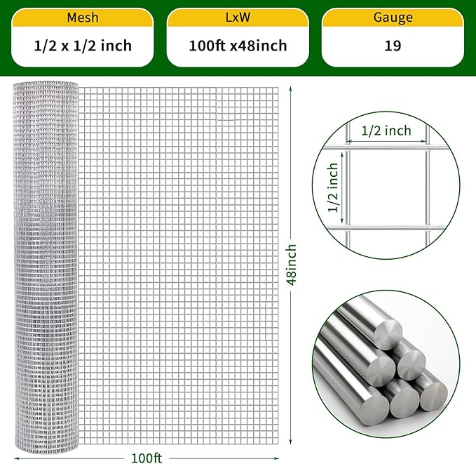 1/2 Inch 19 Gauge Hardware Cloth 48x100 Ft–Silver Vinyl Coated Galvanized Mesh | Silver Chicken Wire, Poultry Netting, Garden Fencing, Rat Wire & Tree Protection