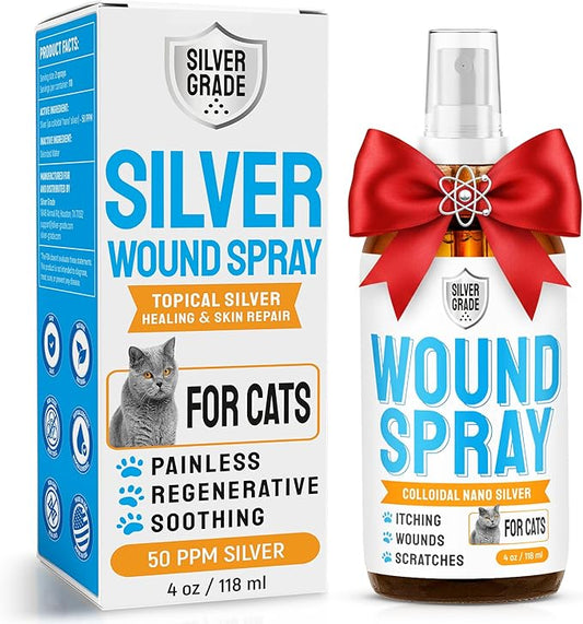Cat Wound Care Spray with Silver – Wounds, Rashes, Hot Spots, Itch, Scratching, Irritation, Bites & Burns – Use a Cat Cone to Prevent Licking – Safe Formula – 4 Oz