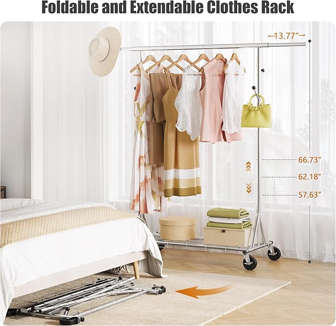 Heavy Duty Clothes Rack Load 530 lbs, Metal Rolling Clothing Rack With Sturdy Wheel And Shelves, Adjustable Portable Hanging Garment Rack For Clothes,Chrome Stainless Steel