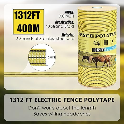 Electric Fence PolyTape Horse Fencing Tape 1312 Feet 400m, High Visibility 0.8 Inch 20mm Width, 6 Strong Stainless Steel Conductors, Yellow and Black, Equine Horse Livestock Electric Fencing