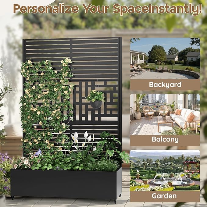 Metal Planter with Trellis& Wheels 72" x 47"x 15.7" Raised Garden Bed with Trellis,Privacy Planters for Patio,Garden Bed for Climbing Plants,Suitable for Climbing Plants and Vegetables,Black