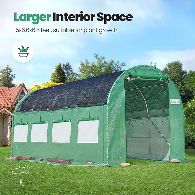 KING BIRD Premium 15x6.6x6.6FT Greenhouse for Outdoors, Large Walk-in Heavy Duty Galvanized Steel Frame, Mesh Door Screen Window Tunnel Hoop Garden Plant Winter Hot House, Side Screen Mesh, Green