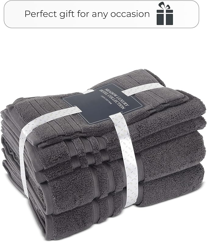 ESSELL 24/7 Luxury 6 Piece Towel Set, 700 GSM 100% Cotton 2 Bath Towels 2 Hand Towel 2 Washcloths, Ultra Soft & Lightweight, Highly Absorbent Towels for Spa, Hotel & Bathroom - Charcoal Towel Set