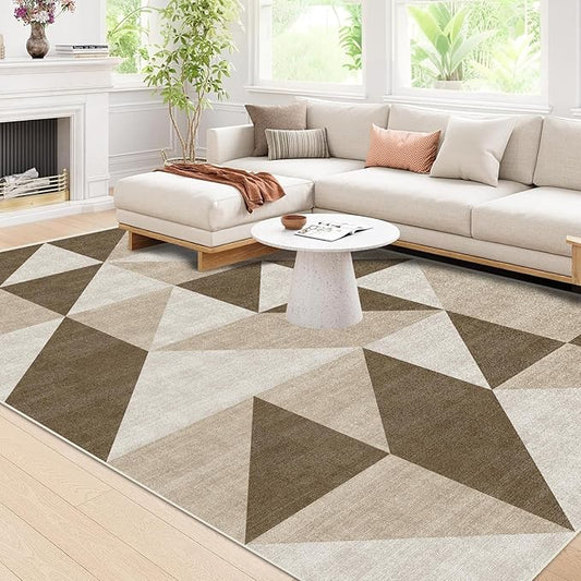 8x10 Abstract Geometric Large Soft Living Room Brown Area Rug Indoor Washable Neutral Modern Low Pile Carpet for Bedroom Farmhouse Non Slip