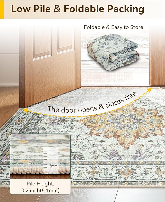 Area Rugs 2'6''x8' Washable Non-Slip, Floral Vintage Distress Print Pattern Medallion Carpet for Living Room Bedroom Dining Room, Light Yellow Carbon Grey Orange